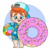 Цветной пример раскраски мальчик и круг-пончик