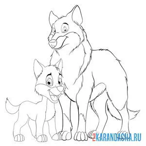 Онлайн раскраска волк и маленький волчонок