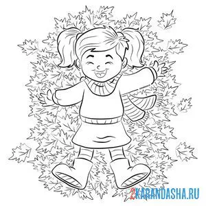 Распечатать раскраску осенняя листва и девочка на А4