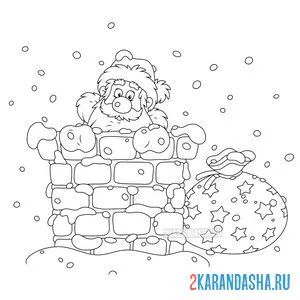 Раскраска дед мороз в трубе с подарком онлайн