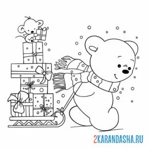Раскраска мишка и подарки онлайн