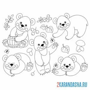 Распечатать раскраску коллекция медведей на А4