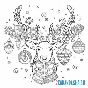 Раскраска новогодний олень в шарах антистресс онлайн