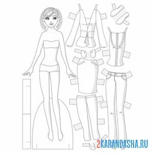 Раскраска кукла из бумаги для вырезания с одеждой наряды онлайн