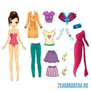 Раскраска цветная бумажная куколка с одеждой онлайн