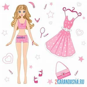 Раскраска цветная бумажная кукла барби с платьем онлайн