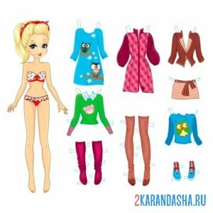 Раскраска цветная бумажная кукла-модница с одеждой для вырезания онлайн