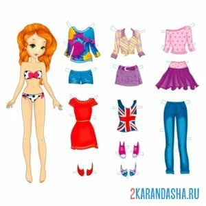 Раскраска цветная бумажная кукла-модница с разной одеждой онлайн