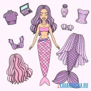 Раскраска русалка цветная бумажная кукла онлайн