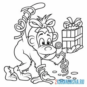 Раскраска обезьянка и подарок онлайн