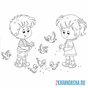 Раскраска мальчик и девочка ест синичка онлайн