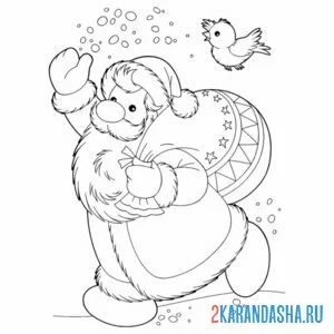 Раскраска дед мороз с подарками и птичкой онлайн