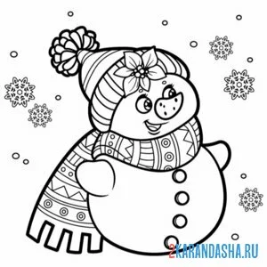 Раскраска смешной снеговик в снежинках онлайн