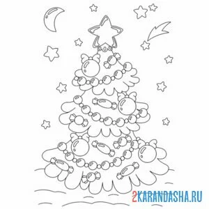 Раскраска новогодняя елка и звезды онлайн