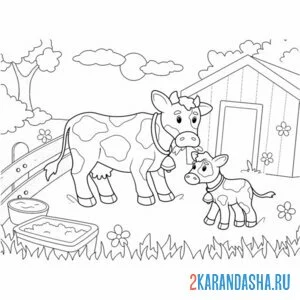 Раскраска корова с теленком гуляют онлайн