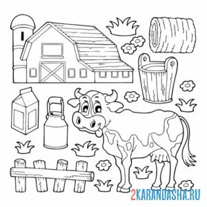 Раскраска ферма с коровой и молоком онлайн