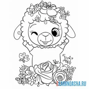 Распечатать раскраску милая овечка барашек в цветах на А4
