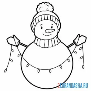 Раскраска снеговик в варежках и гирлянда онлайн