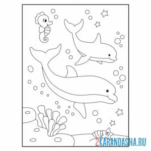 Распечатать раскраску два дельфина в море на А4