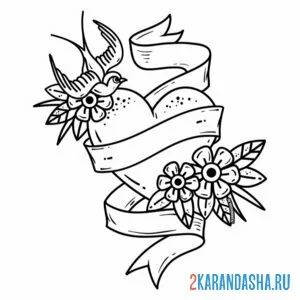 Раскраска ласточка сердечко и цветы онлайн
