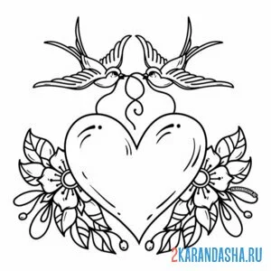 Раскраска две ласточки сердце тату онлайн