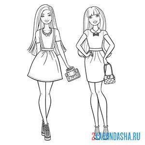 Онлайн раскраска барби подружки модницы в платьях и с сумочкой