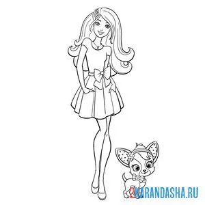 Онлайн раскраска барби в платье с бантом и с собачкой
