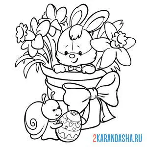 Онлайн раскраска милый зайчик и весенний букет цветов