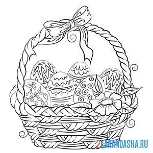 Раскраска пасхальная корзинка с цветами и яйцами онлайн