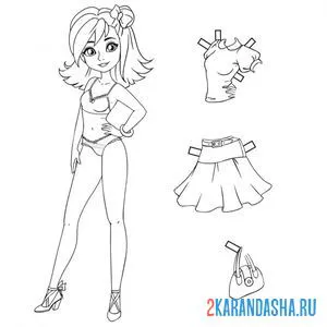 Распечатать раскраску бумажная кукла для вырезания виолетта с одеждой: юбка и блузка на А4