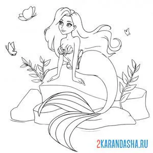 Онлайн раскраска русалка с красивыми волосами сидит на камне