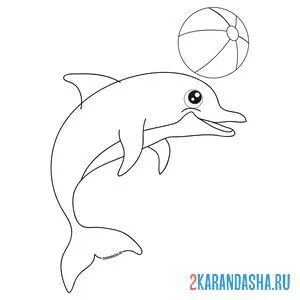 Распечатать раскраску дельфин играет с мячом на А4