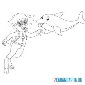 Раскраска дельфин с водолазом онлайн