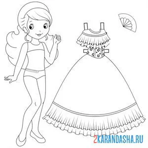 Раскраска бумажная кукла для вырезания маруся в пышном платье и веером онлайн