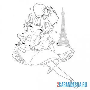 Распечатать раскраску балерина француженка с котиком на А4