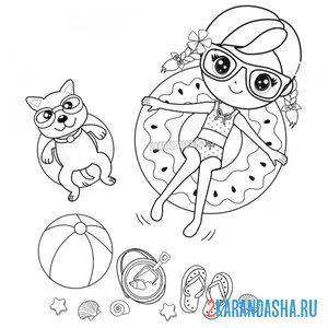 Раскраска девочка на круге пончике онлайн