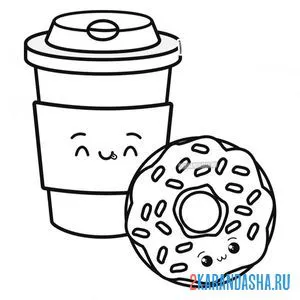 Раскраска напиток, капучино, кофе с пончиком онлайн