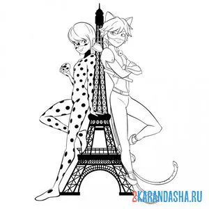 Раскраска леди баг и супер кот у эйфелевой башни онлайн