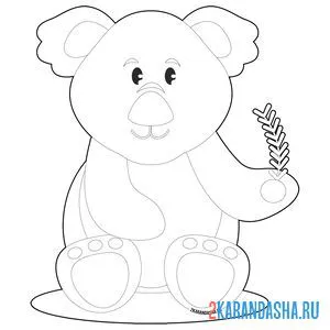 Распечатать раскраску коала с веточкой на А4