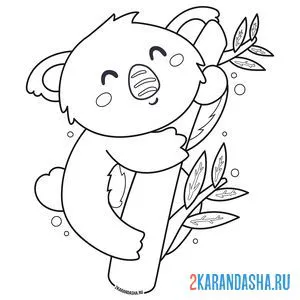 Распечатать раскраску милая коала на дереве эвкалипта на А4