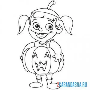 Раскраска девочка с тыквой хэллоуин онлайн