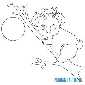 Раскраска коала с малышом на дереве онлайн