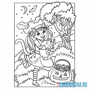 Раскраска девочка ведьма в лесу онлайн