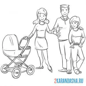Раскраска семья мама, коляска, папа, сын онлайн