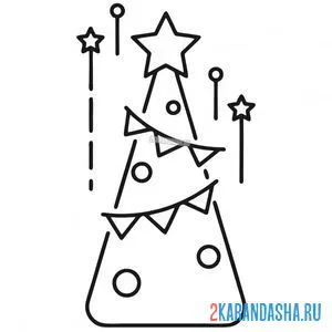 Раскраска новогодняя ёлка с флажками и звездой онлайн
