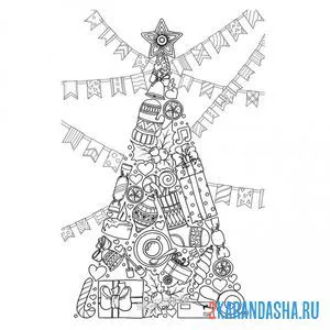 Раскраска необычная новогодняя елка из разных предметов онлайн