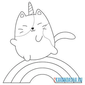 Онлайн раскраска кот-единорог на радуге