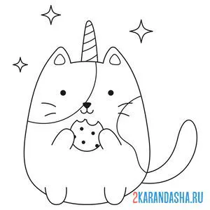Раскраска кот-единорог с печенькой онлайн