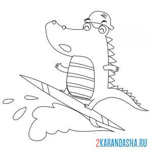Распечатать раскраску крокодил серфингист на А4