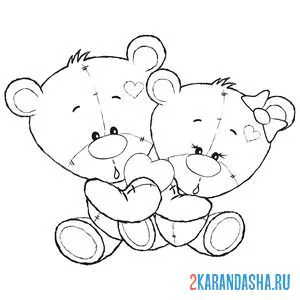 Раскраска медведи тедди с сердечком день святого валентина онлайн